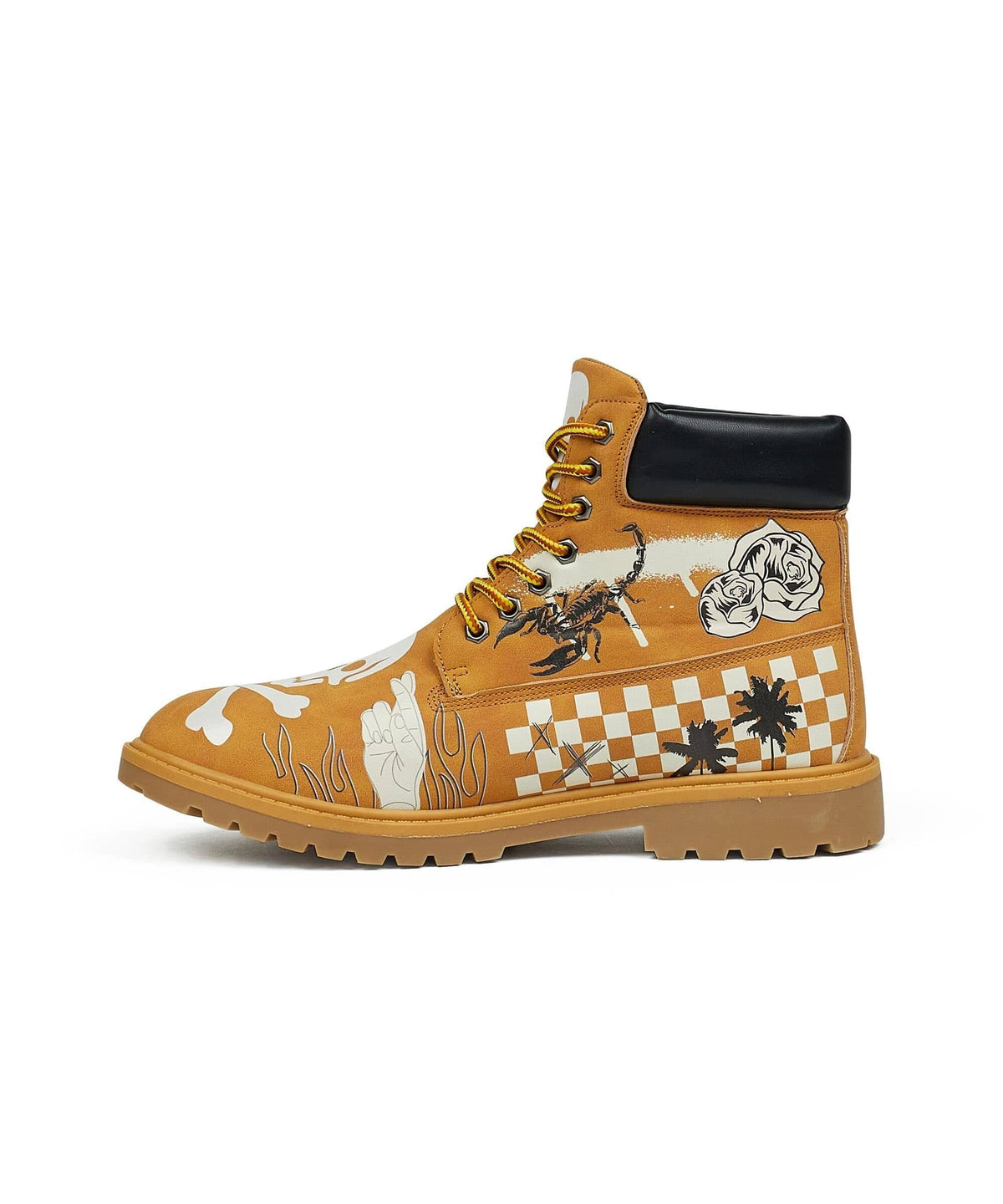 Skull Checkered Print Faux Suede Graffiti Boots - Tan | Reason Clothing Exclusive