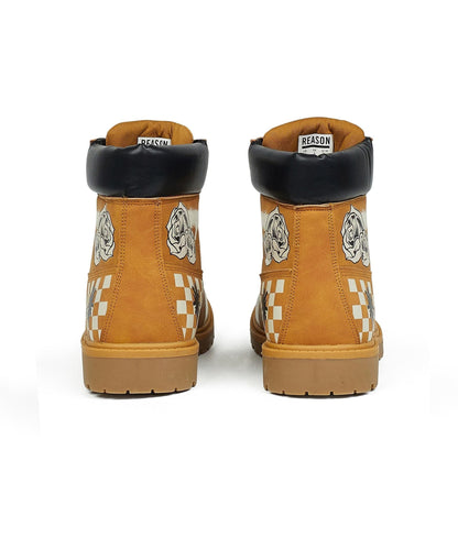 Skull Checkered Print Faux Suede Graffiti Boots - Tan | Reason Clothing Exclusive