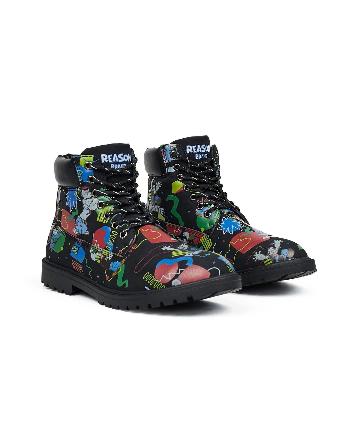 Popeye X Reason Collab Faux Suede Graffiti Print Boots - Black | Reason Clothing Quality