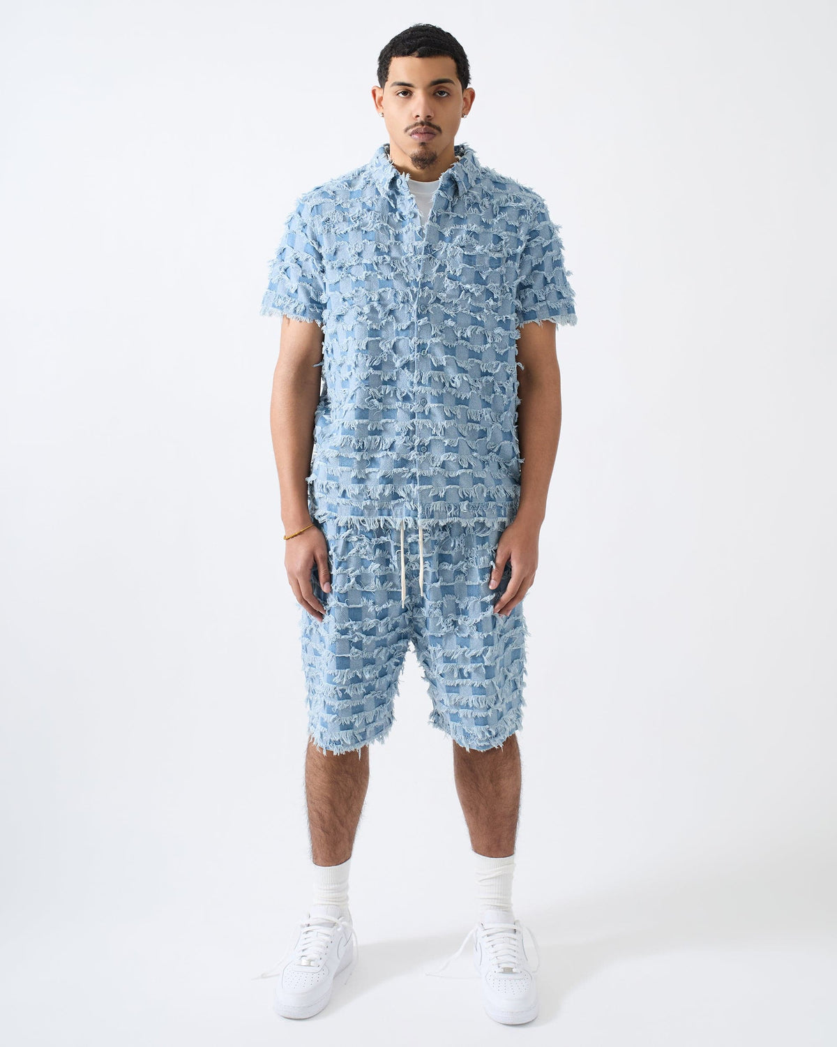 Textured Frayed Button Down Shirt - Blue | Reason Clothing Exclusive