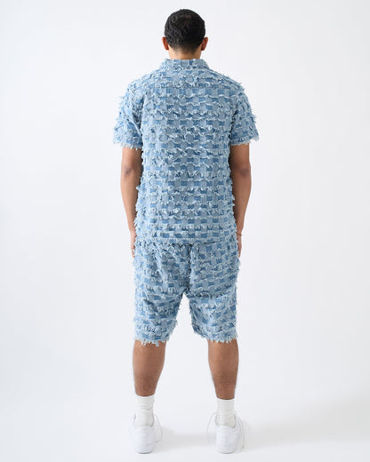 Textured Frayed Button Down Shirt - Blue | Reason Clothing Exclusive