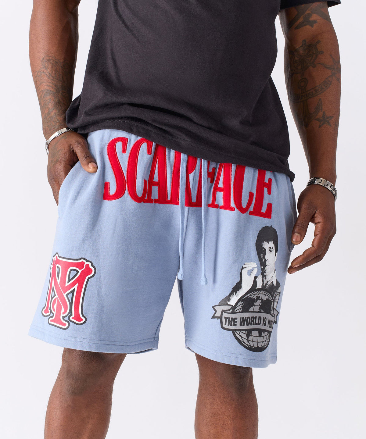 Scarface Applique Fleece Short - Light Blue | Reason Clothing Sale