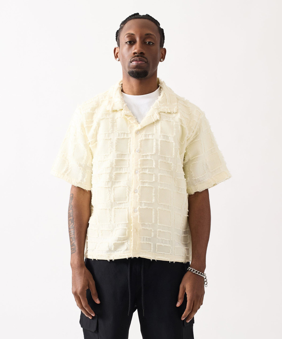 Textured Blocked Button Down Shirt - Cream | Reason Clothing Everyday