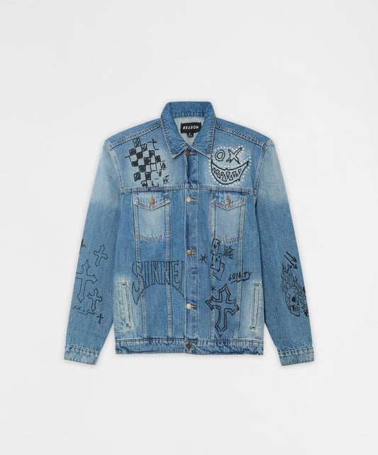 Stenciled Sinners Denim Jacket - Light Blue | Reason Clothing Everyday