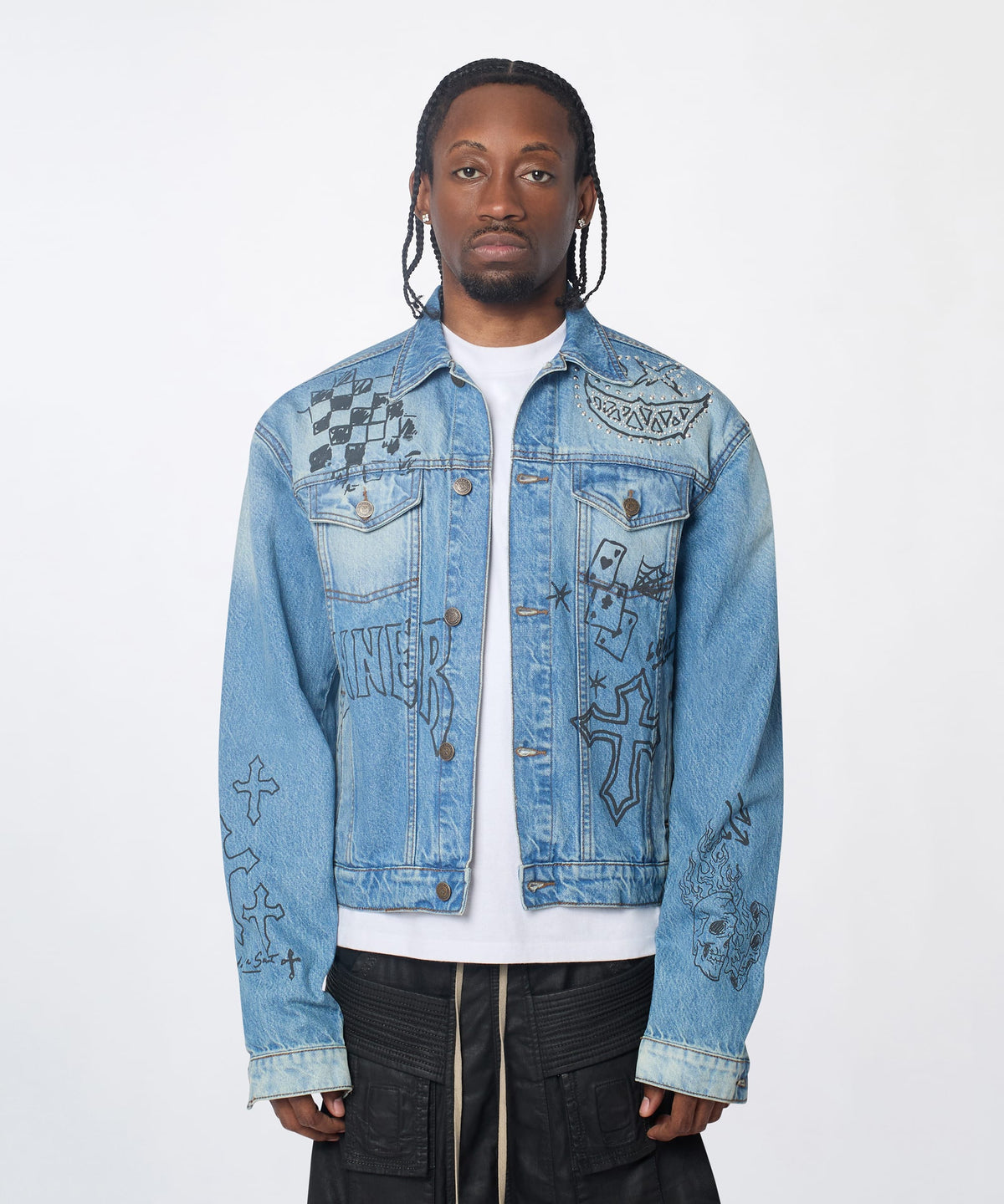 Stenciled Sinners Denim Jacket - Light Blue | Reason Clothing Everyday