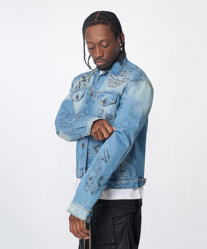 Stenciled Sinners Denim Jacket - Light Blue | Reason Clothing Everyday
